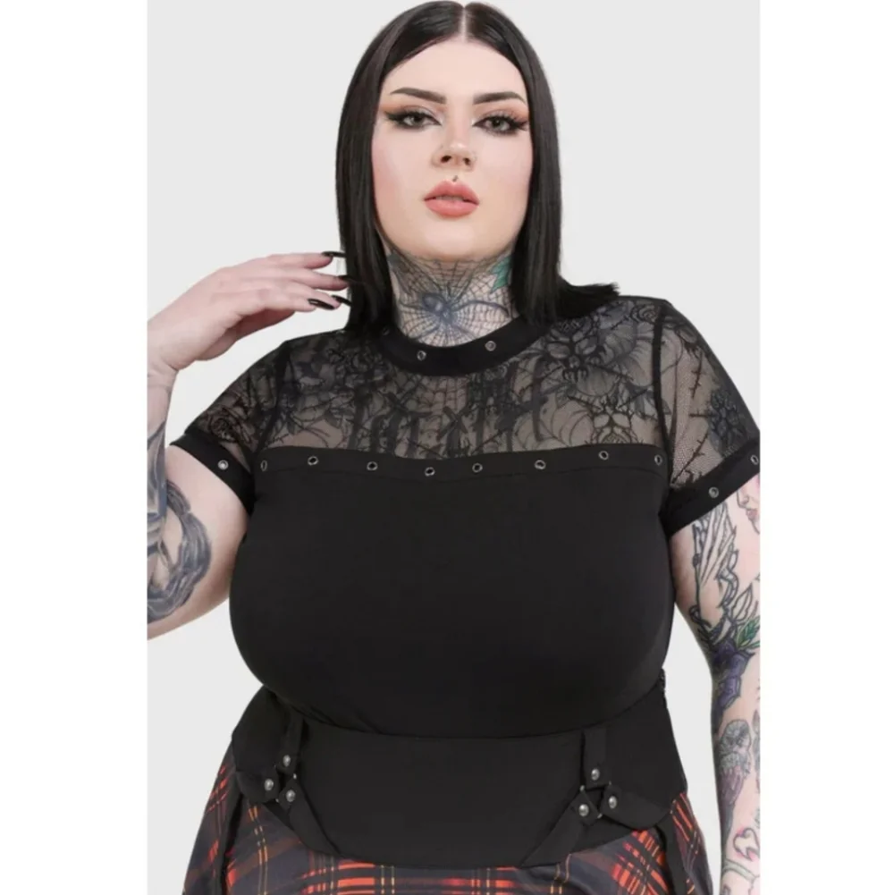 Killstar Black Lace Yoke Eyelet Short Sleeve Top - Picture 2 of 4